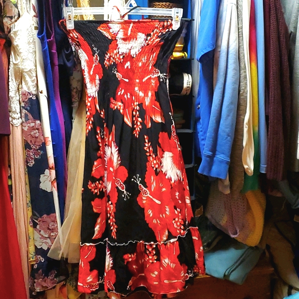 Ruched black and red floral dress